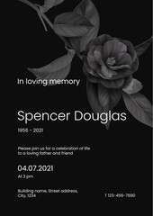 Modern memorial and funeral invitation card template design, dark grey decorated with semi-double Camellia flower and leaves - obrazy, fototapety, plakaty