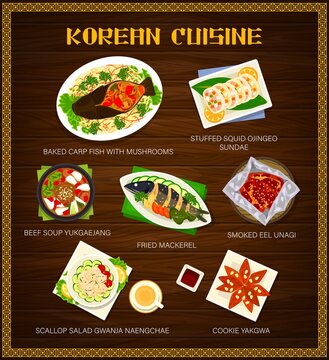 Korean cuisine food menu dish, restaurant lunch and dinner meals vector poster. Korean traditional cuisine dishes of fish, meat and seafood, smoked eel unagi, carp with mushrooms and cookie yakgwa