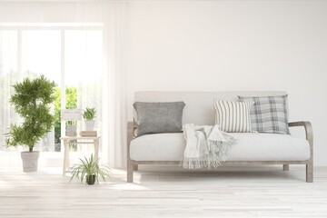 White living room with sofa and summer landscape in window. Scandinavian interior design. 3D illustration