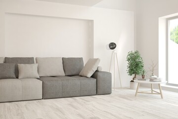 White living room with sofa. Scandinavian interior design. 3D illustration