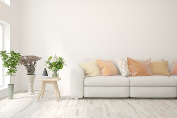 White living room with sofa. Scandinavian interior design. 3D illustration