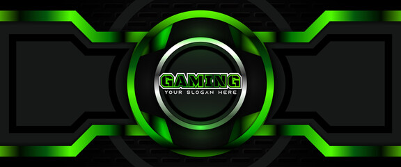 Futuristic light green gaming banner design with metal technology concept. Vector illustration for business corporate promotion, wallpaper, game header social media, live streaming background