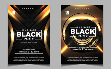 Cover music poster flyer design template background with layout gold glitters color on dark style. Light electro vector for event festival concert, dancing, disco, night club invitation