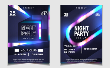 Cover music poster flyer design template background with layout colorful on dark blue glitters style. Light electro vector for event festival concert, dancing, disco, night club invitation