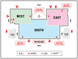 Modern fire emergency plan or evacuation diagram of a commercial complex or shopping mall. Marked locations of fire equipment, gas shut off and generator used for evacuation procedures.