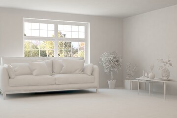 White minimalist living room with sofa. Scandinavian interior design. 3D illustration