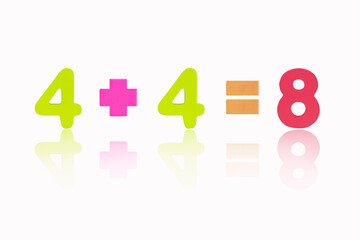 Four plus four equals eight (4+4=8). 3D Illustration or rendering. Image of simple math addition operation for kids, math operation to enhance brain skills Isolated on pink background. 