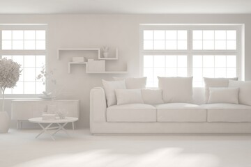 Fototapeta premium Mock up of minimalist living room in white color with sofa. Scandinavian interior design. 3D illustration