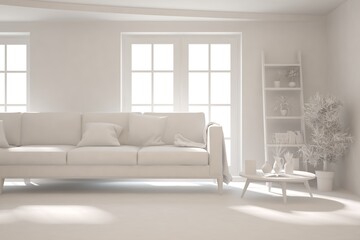 White minimalist living room with sofa. Scandinavian interior design. 3D illustration