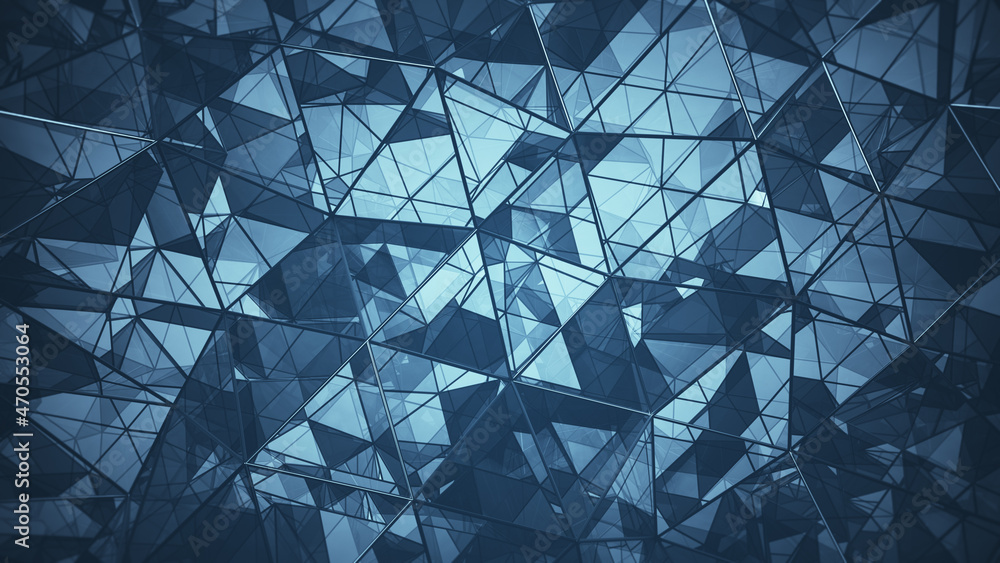 Poster blue glass triangular surface with reflections 3d rendering illustration