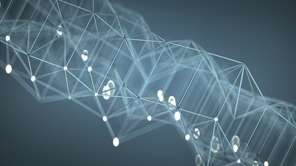 Futuristic network shape with lines and glowing spheres. Connection technologies visualization. 3D render