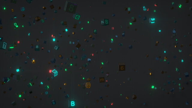 Cubes with hex-code in mid air 3D render