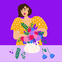 Illustration of florist arranging flowers in vase