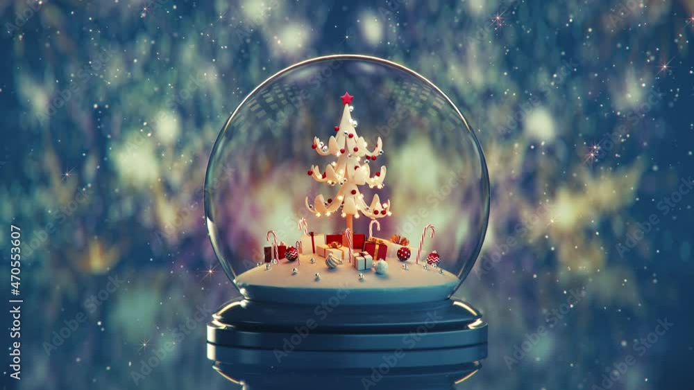 Poster christmas snowglobe and fireworks. seamless loop 3d render animation