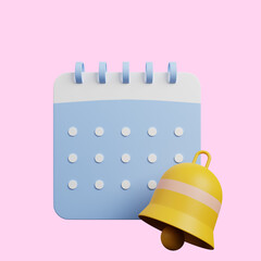 3d illustration of simple icon concept time calendar,bell