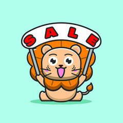 cute lion holding up sale board