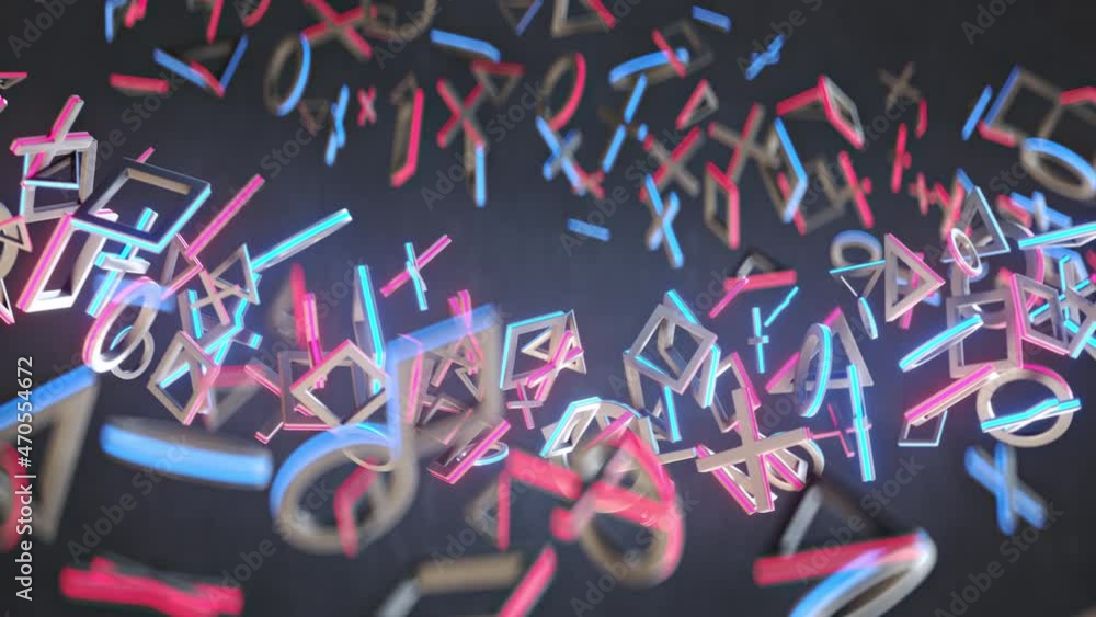 Poster geometric primitive shapes are flying. 3d render animation