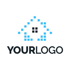 Logo for real estate or construction companies depicting an abstract home built of blocks of blue and black theme with a window of stability as the centerpiece.