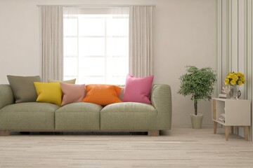 White living room with sofa. Scandinavian interior design. 3D illustration