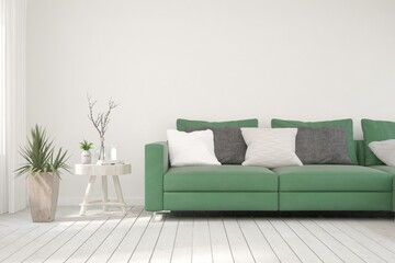 White living room with sofa. Scandinavian interior design. 3D illustration