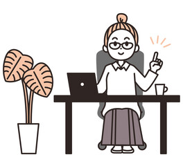 座っている女性のイラスト素材　テーブル　ノートパソコン