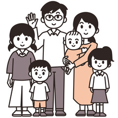 六人家族のイラスト素材　全身　赤ちゃん　子だくさん