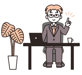 座っているスーツの男性のイラスト素材　テーブル、ノートパソコン