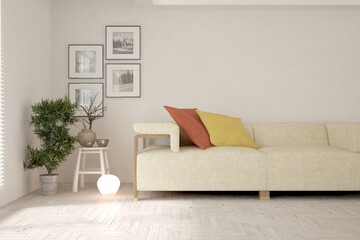 White living room with sofa. Scandinavian interior design. 3D illustration
