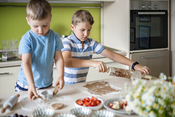 Two funny brothers cooking homemade summer dessert preparing dough and slicing ingredients
