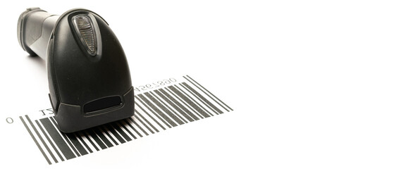 Barcode scanning. Reader laser scanner for warehouse. Retail label barcode scan isolated on white...