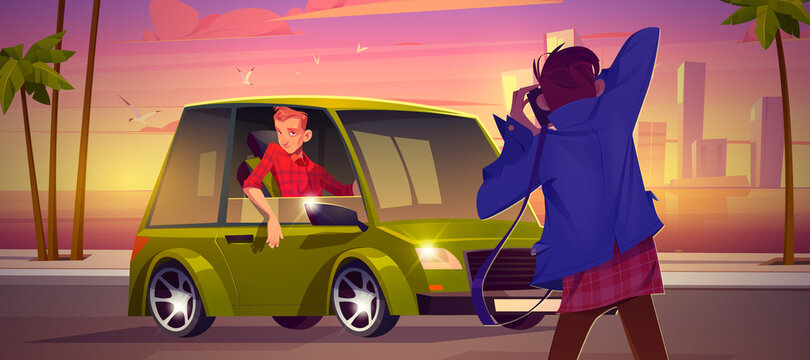 Man with camera take photo of driver sitting in green car. Vector cartoon tropic landscape of city on sea coast at sunset, road and vehicle with person pose for photograph