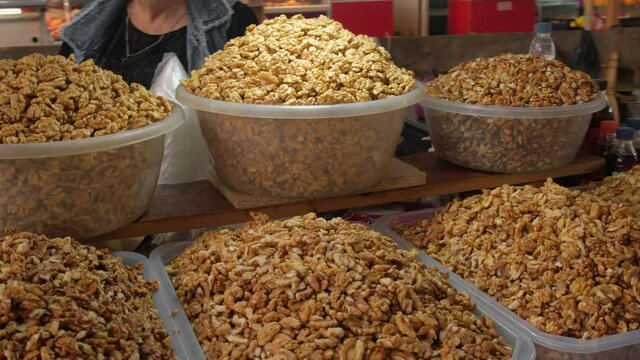 Peeled walnuts for sale close-up on the local food market in Georgia