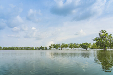 Scenic view of traditional flooded fields like a still lake on floating season in rural Thailand. Landscape of nature in rainy season and storm damage in agriculture. Heavy flood water concept.