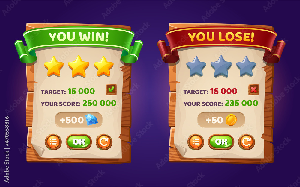 Poster game ui interface boards with level score, win or lose bar, golden stars and buttons. vector cartoon