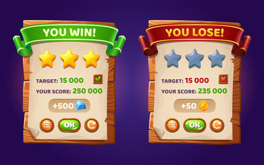 Game ui interface boards with level score, win or lose bar, golden stars and buttons. Vector cartoon set of gui elements with wooden planks, paper and ribbons, screens of complete and fail game level