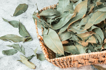 Food background. Bay leaf, natural antiseptic, antioxidant, acne remedy, macronutrients for skin...