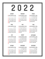 Calendar 2022 in English. The days of the week are at the top, week start Sunday. Vector illustration