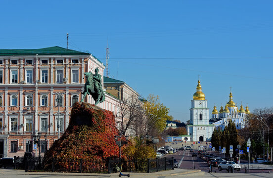 Bohdan Khmelnytsky monument and St. Michael's Golden-Domed Monastery in Kyiv Ukraine