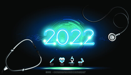 Fototapeta premium Stethoscope Medical treatment tools and Icons set about medicine - Neon Text 2022- creativity idea and concept - background innovation technology modern Infographic template.