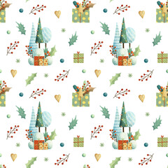 Seamless christmas winter pattern with gift, trees, berries, hearts and leaves. Hand drawn illustration.