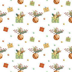 Seamless christmas winter pattern with gift, balls, berries, stars and leaves. Hand drawn illustration.