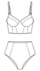 longline corset bra vector, bustier bra and high waist brief womens lingerie template isolated illustration on white background. CAD mockup. - obrazy, fototapety, plakaty