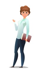 Successful businesswoman. Cheerful persons in standing pose. Woman in business shirt and tie. Cartoon comic style flat design. Separate character. Illustration isolated on white background. Vector