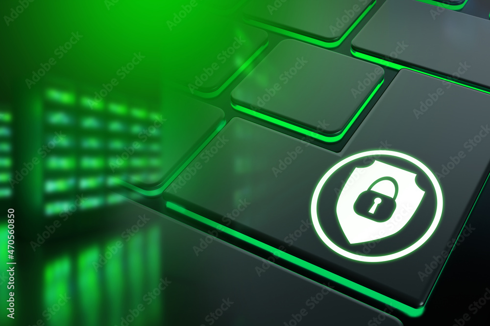 Poster keyboard with security symbol. padlock on laptop button. cybersecurity background. it security on in