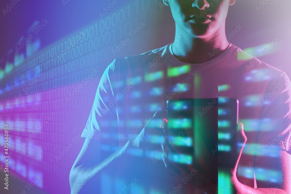 Poster double exposure network administrator. server maintenance specialist. photo of man in front of serve