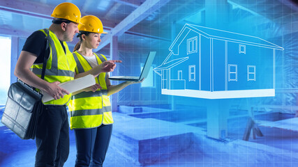 Two builders. Man and woman in uniform of builders. Architects in building under construction. Guy and girl are looking at architectural plan in laptop. House drawings next to builders. Repair team