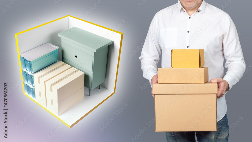 Poster rental storage units. self storage unit cutaway. man with boxes on gray background. warehouse contai