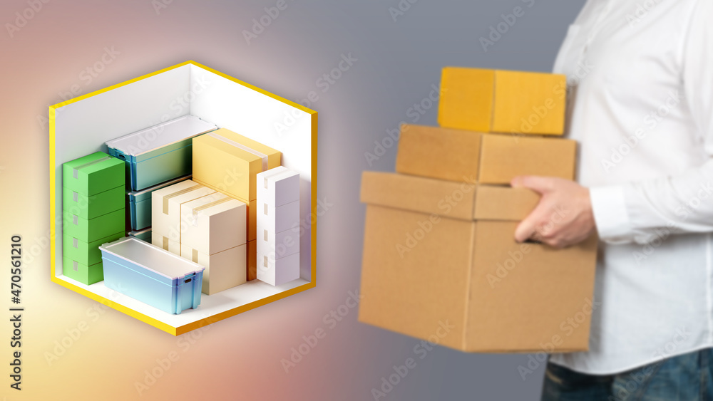 Aufkleber storage unit rental. person transfers boxes to storage unit. square self storage with different type