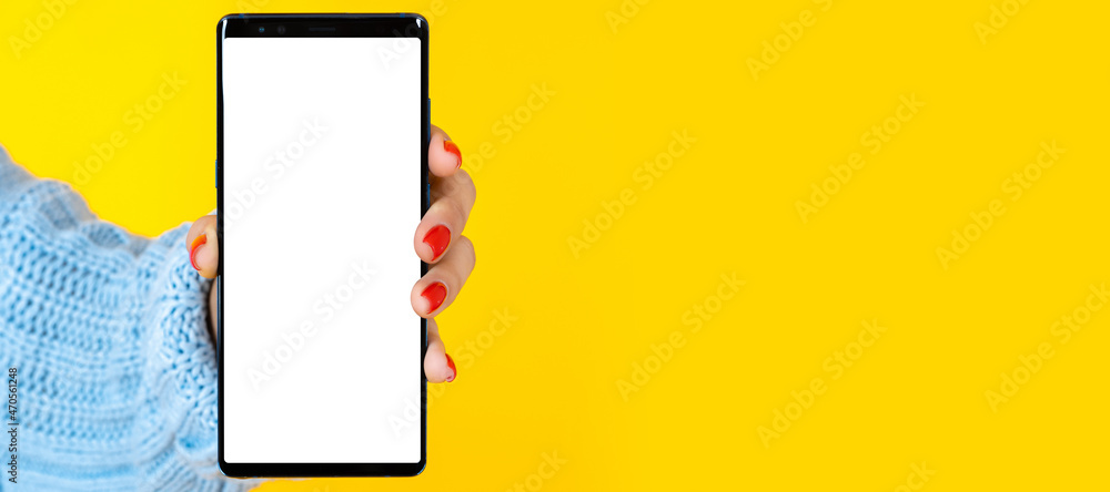 Poster phone hand. smartphone with blank screen close-up. copy space of your apps interface. advertising of