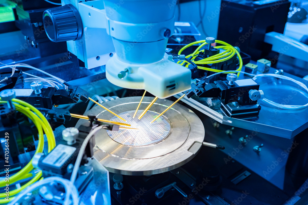 Poster process of examining test sample of microchip transistor under microscope in laboratory. production 